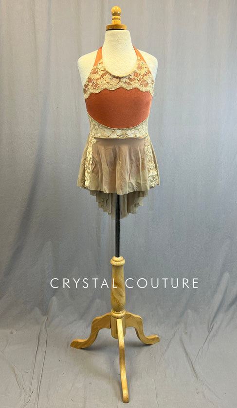 Custom Rust Orange Halter Leotard with Nude Lace Cutouts and Attached Nude Mesh Skirt