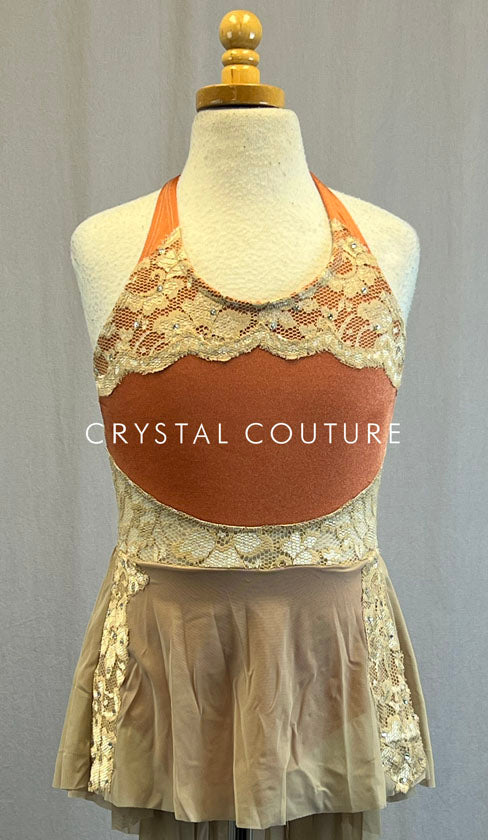Custom Rust Orange Halter Leotard with Nude Lace Cutouts and Attached Nude Mesh Skirt