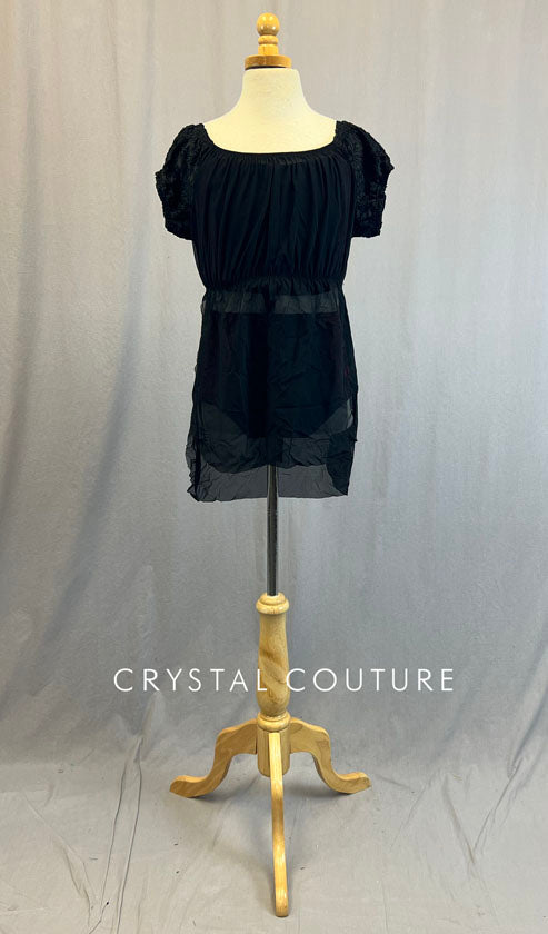 Custom Crushed Velvet Color Blocked Top and Trunks In Maroon and Black With Black Sheer Mesh Baby Doll Style Dress