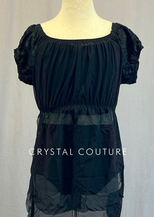 Custom Crushed Velvet Color Blocked Top and Trunks In Maroon and Black With Black Sheer Mesh Baby Doll Style Dress