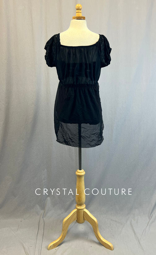 Custom Crushed Velvet Color Blocked Top and Trunks In Maroon and Black With Black Sheer Mesh Baby Doll Style Dress