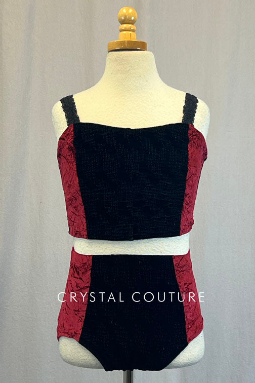 Custom Crushed Velvet Color Blocked Top and Trunks In Maroon and Black With Black Sheer Mesh Baby Doll Style Dress