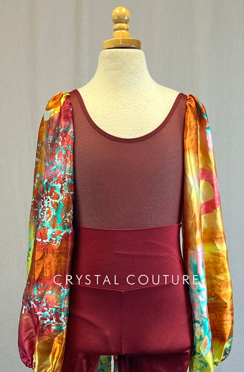 Custom Maroon Mesh Sheer Leotard with Silk Multicolored Balloon Sleeves and Maroon Lycra Leggings with Silk Multicolored Laces at waist.