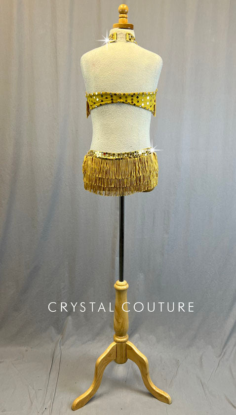 Gold Zsa Zsa Lycra and Gold Mesh Halter Top and Trunks with Gold Fringe
