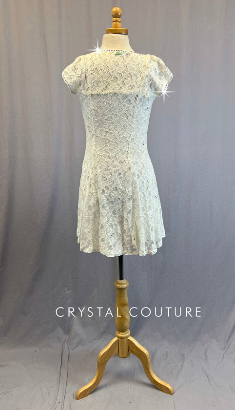 White Lace A-Line Dress With Attached White Lining Spaghetti Strap Dress