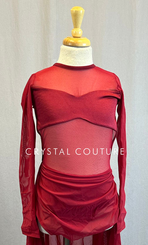 Burgundy Leotard with Mesh Inserts and Back Skirt