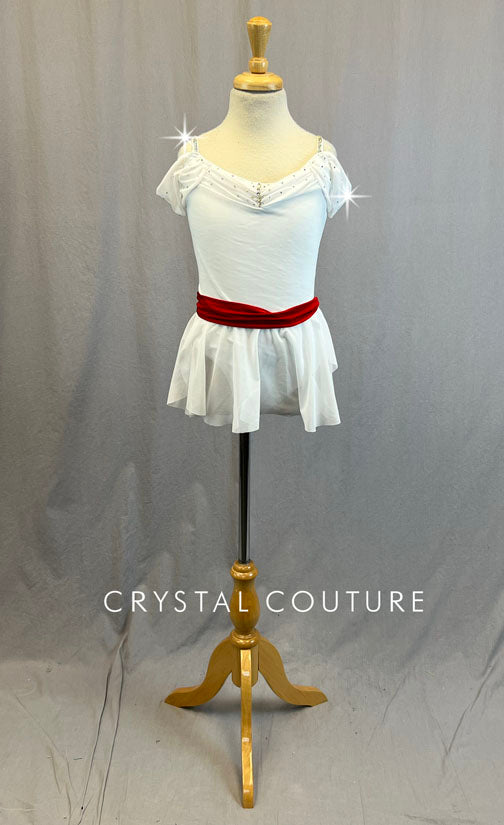 White Leotard with Short Mesh Off Shoulder Drape - Rhinestones