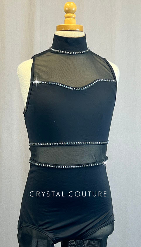 Mock Neck Black Biketard with Mesh Legs, Midriff and Neckline