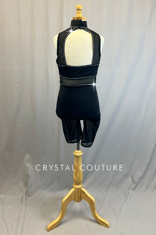 Mock Neck Black Biketard with Mesh Legs, Midriff and Neckline