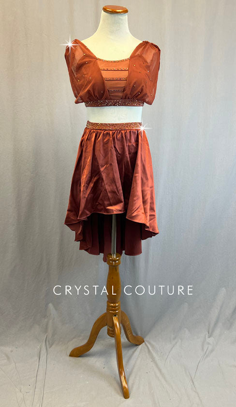 Rust Amber Two Piece with High Low Satin Skirt and Crop Top