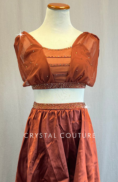 Rust Amber Two Piece with High Low Satin Skirt and Crop Top