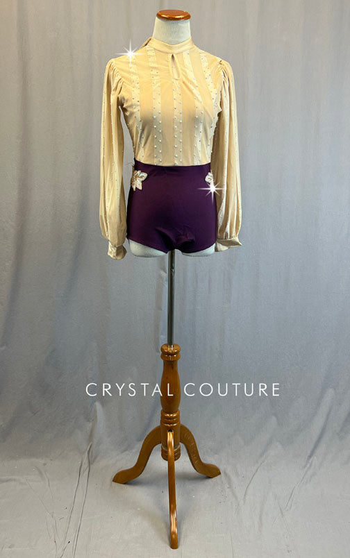 Plum and Nude Leotard with Sheer Striped Bubble Sleeves