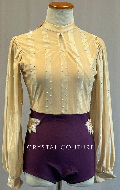 Plum and Nude Leotard with Sheer Striped Bubble Sleeves