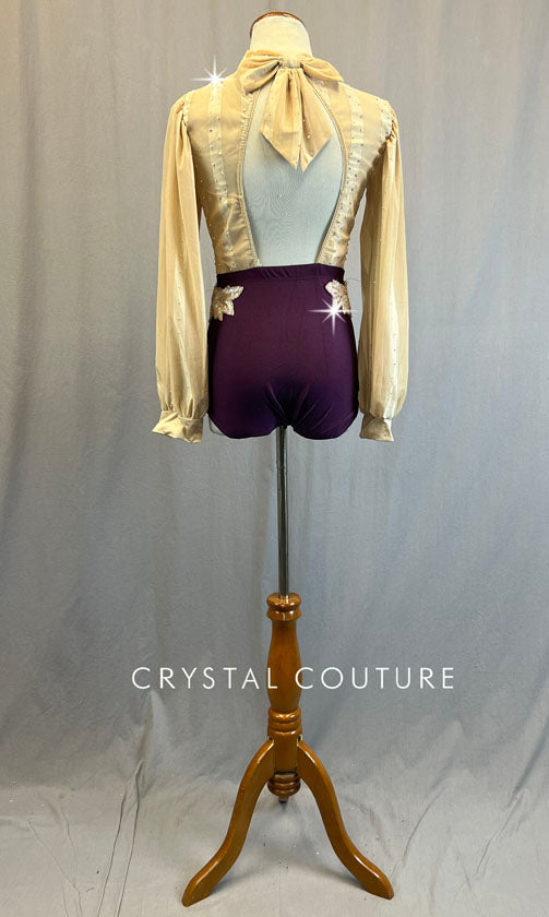 Plum and Nude Leotard with Sheer Striped Bubble Sleeves