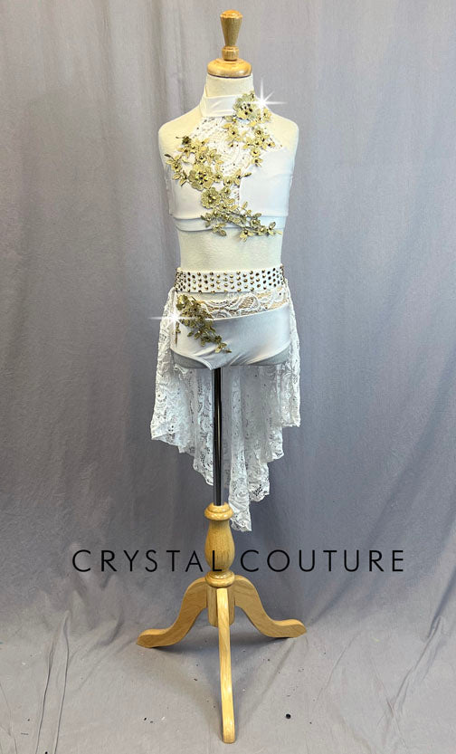 White Lycra Two Piece Halter Top and Trunks with Lace Skirt