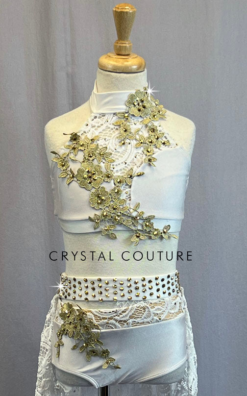 White Lycra Two Piece Halter Top and Trunks with Lace Skirt