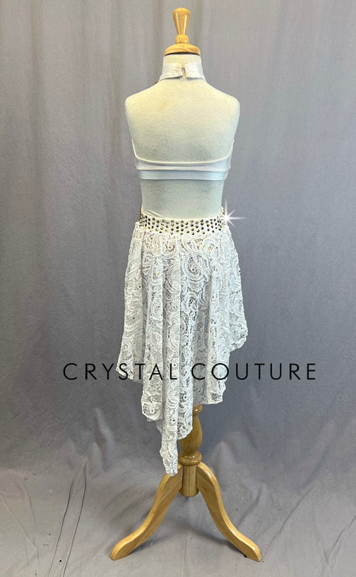 White Lycra Two Piece Halter Top and Trunks with Lace Skirt