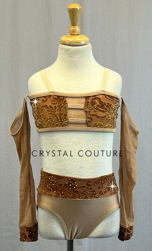 Tan Embossed Two Piece with Connected Arm Bands - Rhinestones