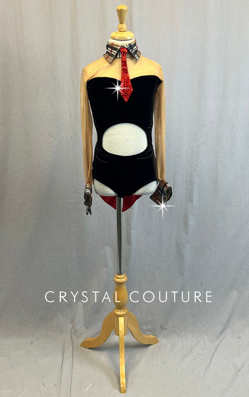 Dark Brown Velvet Leotard with Plaid Collar and Back Skirt - Rhinestones