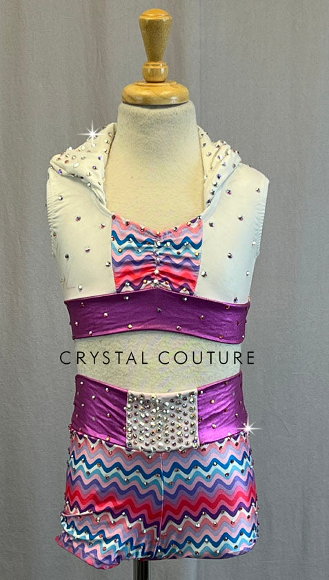 Purple & Pink Chevron Shorts with White Collared Top - Rhinestones
