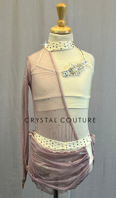 Cream Two Piece with Asymmetrical Mauve Mesh Overlay and Skirt - Rhinestones