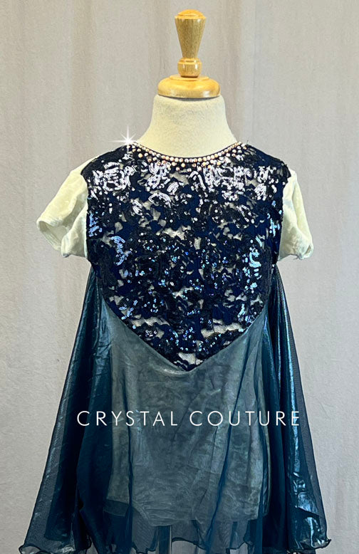 Cream & Navy Blue Sequin Top with Attached Shimmer Mesh Skirt - Rhinestones
