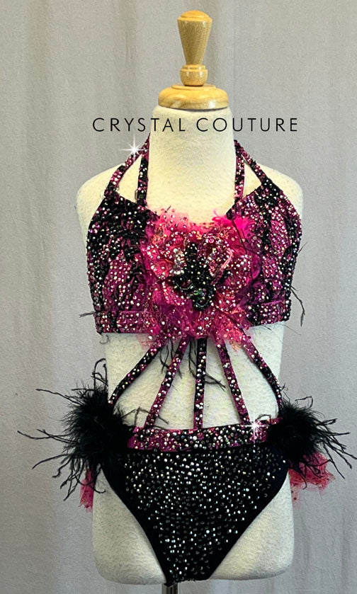 Pink & Black Connected Two Piece with Tulle and Feather Back Bustle - Rhinestones