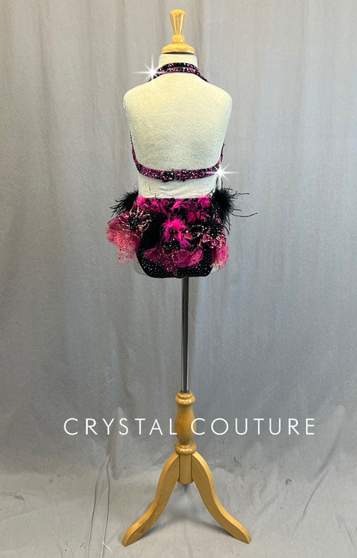 Pink & Black Connected Two Piece with Tulle and Feather Back Bustle - Rhinestones