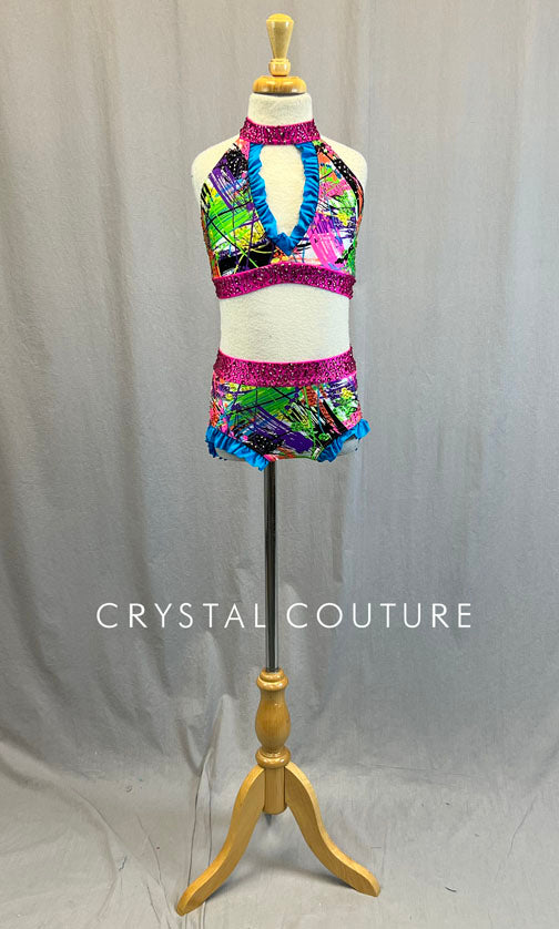 Multi Color Printed Two Piece with Blue Ruffles - Rhinestones