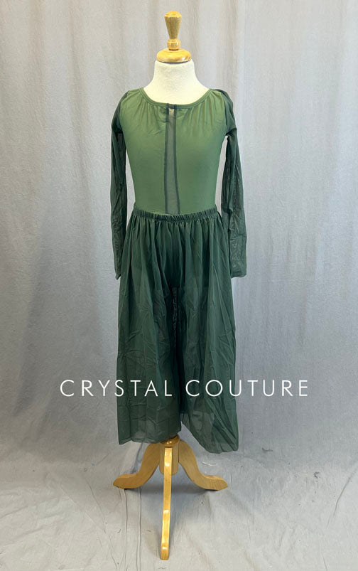 Sage Green Leotard with Mesh Culotte Pants Crystal Couture Sage Green Leotard with Mesh Culotte Pants Crystal Couture