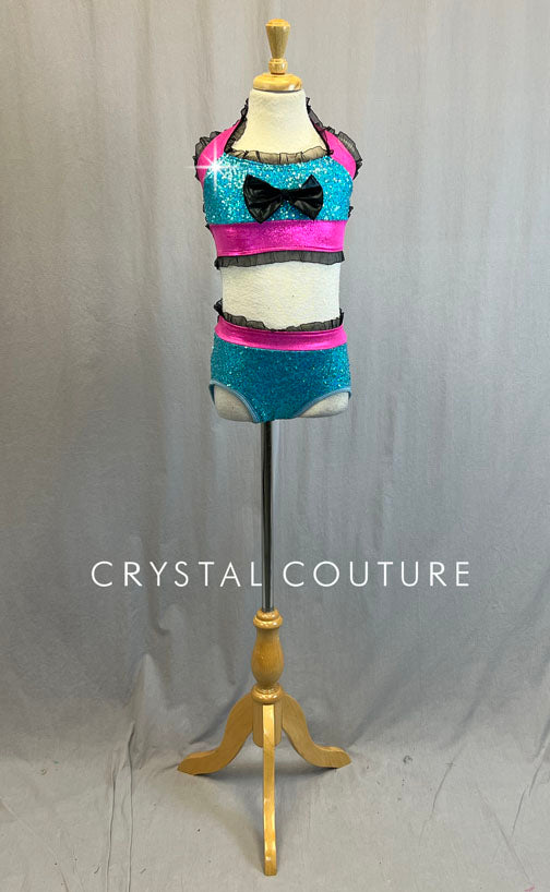 Aqua & Pink Zsa Zsa Two Piece with Black Ruffle Edging