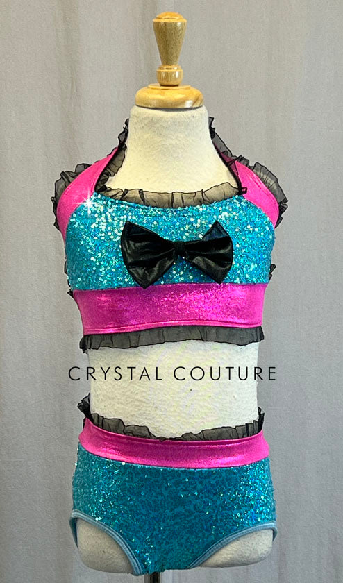 Aqua & Pink Zsa Zsa Two Piece with Black Ruffle Edging