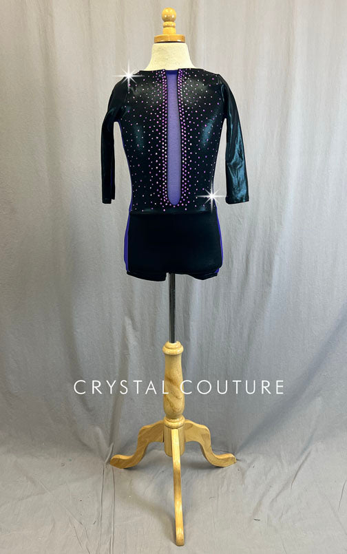 Purple and Black Colorblock Biketard - Rhinestones