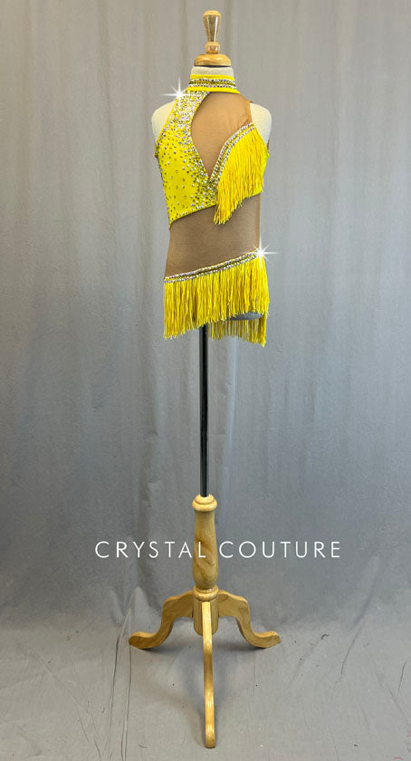 Custom Yellow Leotard with Nude Mesh Inserts and Fringe - Rhinestones