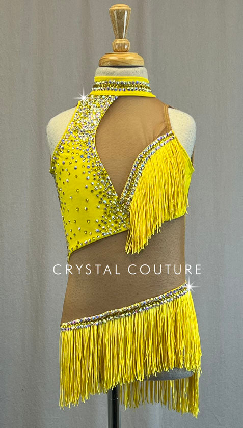 Custom Yellow Leotard with Nude Mesh Inserts and Fringe - Rhinestones