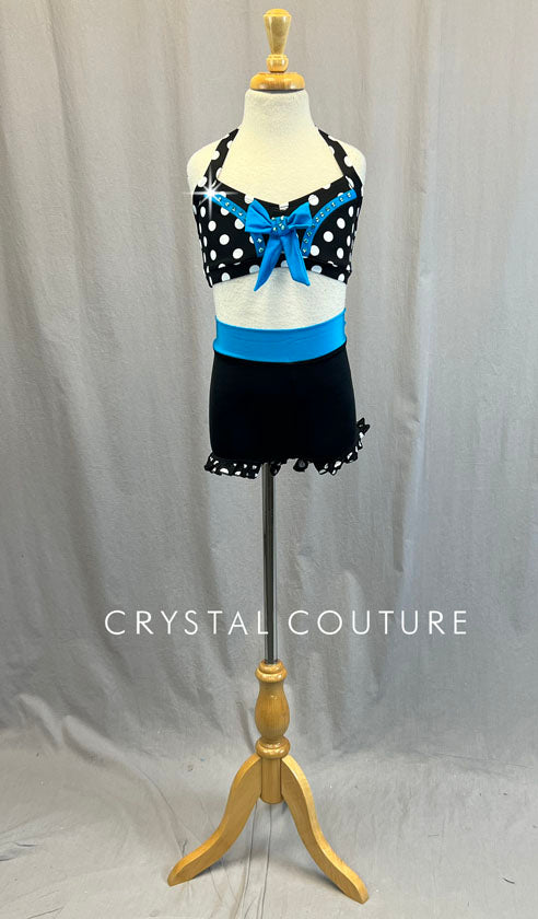 Black & White Polka Dot Top and Shorts with Blue Accents - Rhinestones