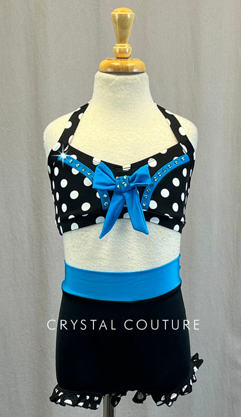 Black & White Polka Dot Top and Shorts with Blue Accents - Rhinestones