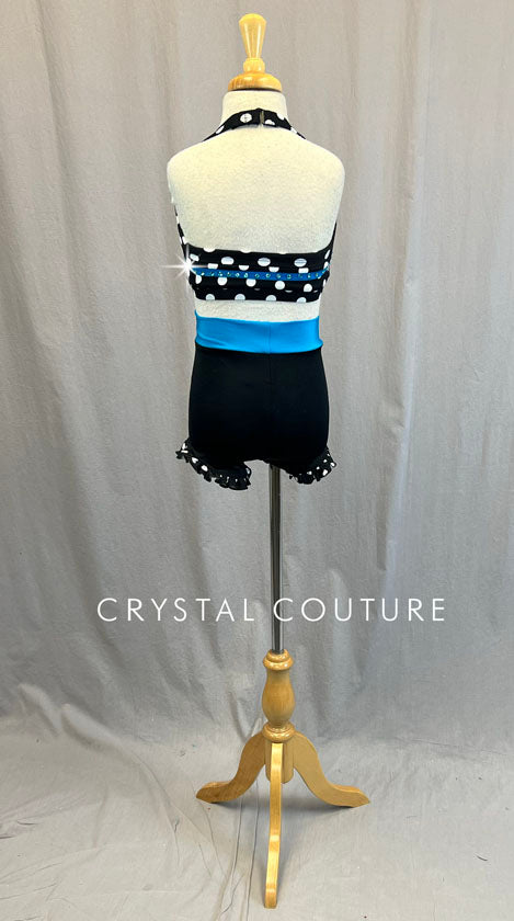 Black & White Polka Dot Top and Shorts with Blue Accents - Rhinestones