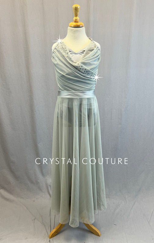 Grey Draped Mesh Dress with Long Skirt - Rhinestones