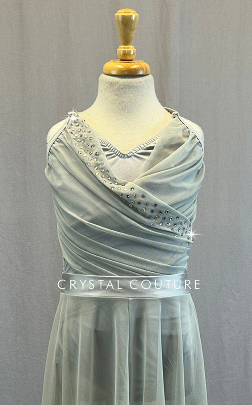 Grey Draped Mesh Dress with Long Skirt - Rhinestones