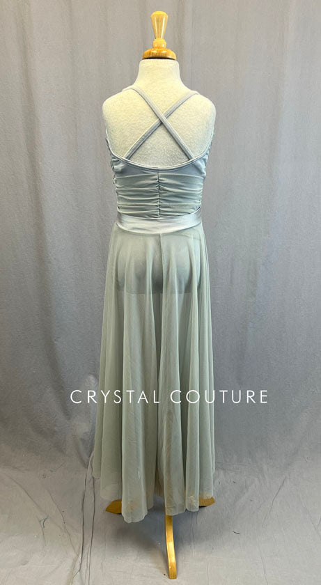 Grey Draped Mesh Dress with Long Skirt - Rhinestones