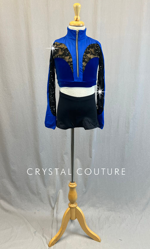 Blue & Black Lace Zip Up Cropped Top - Rhinestones