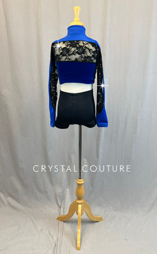 Blue & Black Lace Zip Up Cropped Top - Rhinestones