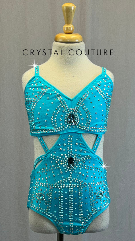 Aqua Blue Connected Two Piece with Strappy Details - Rhinestones
