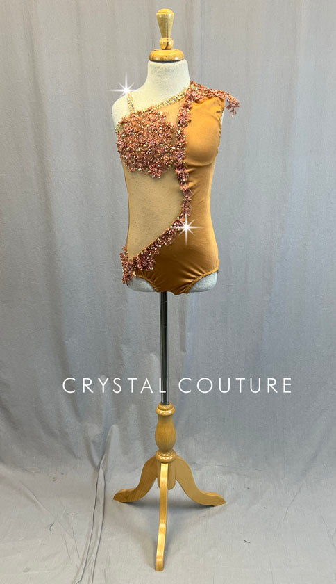 Custom Copper Asymmetrical Leotard with Mesh Inserts and Appliques - Rhinestones