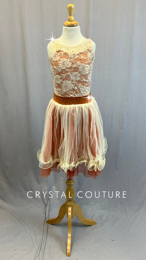 Ivory & Rust Lace Leotard with Ruffle Hem Skirt - Rhinestones
