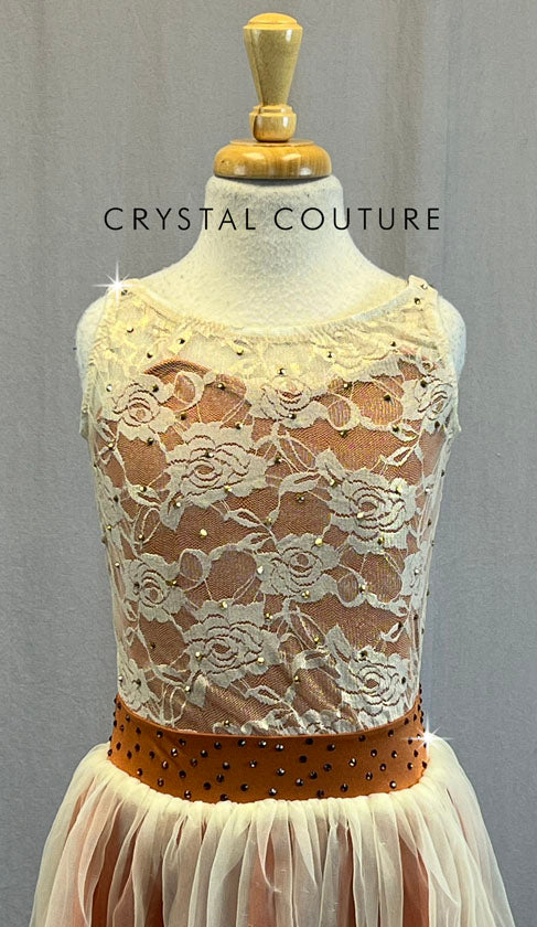 Ivory & Rust Lace Leotard with Ruffle Hem Skirt - Rhinestones