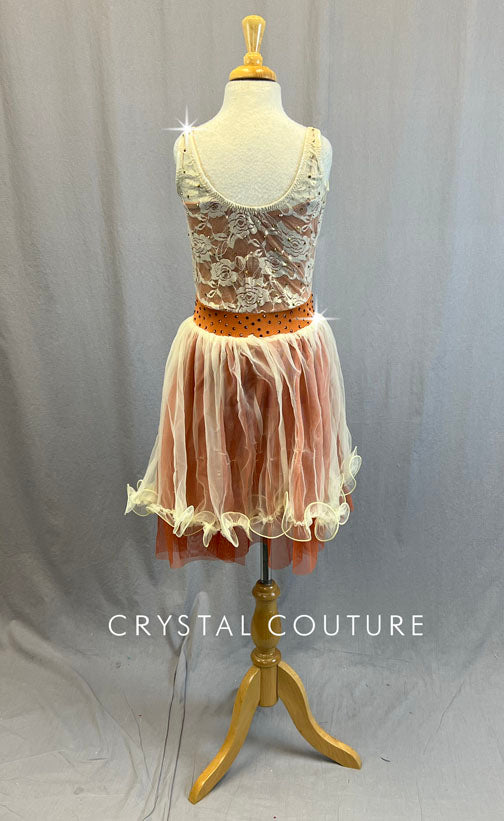 Ivory & Rust Lace Leotard with Ruffle Hem Skirt - Rhinestones