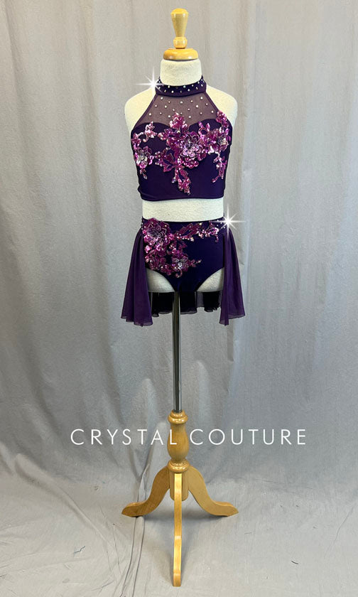 Dark Purple Two Piece with Back Skirt and Sequined Appliques - Rhinestones