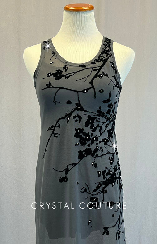 Grey Mesh Dress with Black Velvet Tree Print - Rhinestones